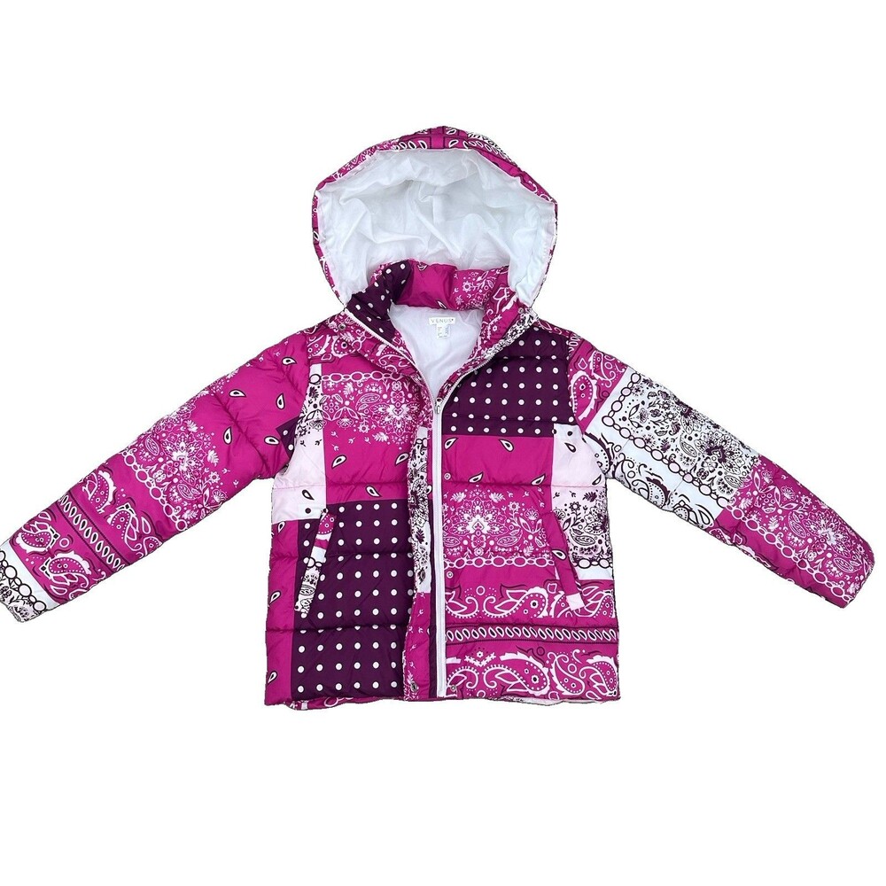 VENUS Women’s Medium Pink Bandana Patchwork Hooded Puffer Jacket Paisley
